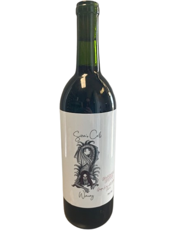 Dark wine bottle with a white label and illustrated black graphic on a white background