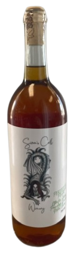 Tall amber bottle with a white label featuring a black illustrated design and cork top