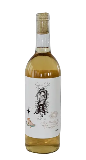 Bottle of pale yellow liquid with a white label and cork stopper on a white background