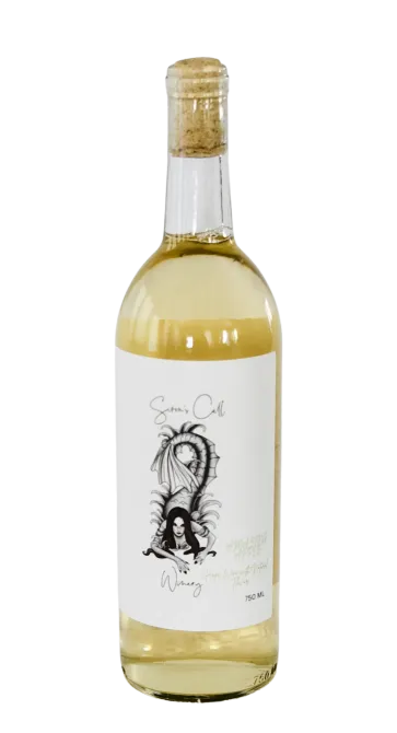 Bottle of pale yellow wine with a white label and cork stopper on a white background