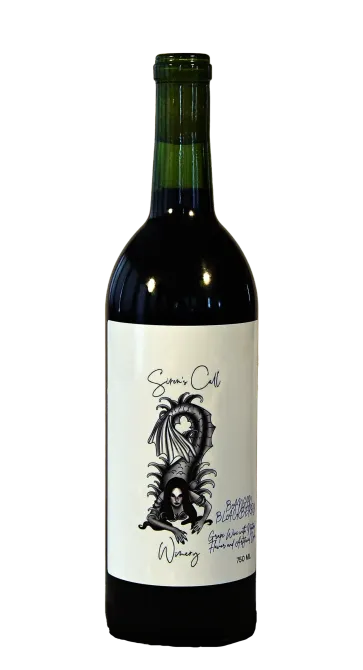 Bottle of red wine with a white label and green neck against a white background