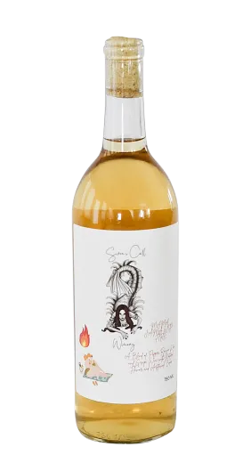Bottle of amber liquid with a white illustrated label and cork, isolated on a white background