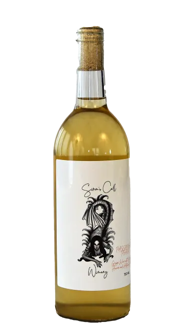 Bottle of white wine with a cork and a white label featuring a black abstract illustration