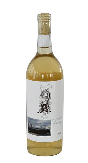Clear bottle of pale yellow liquid with a white label and gold cap on a white background