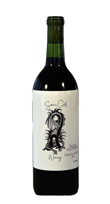Dark wine bottle with a white label and black illustration, standing upright on a white background