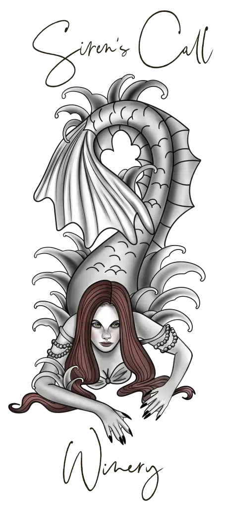 Illustration of a gothic mermaid with red hair, a skull motif, and flowing tentacles, signed “Sierra Cai Wrenzy”