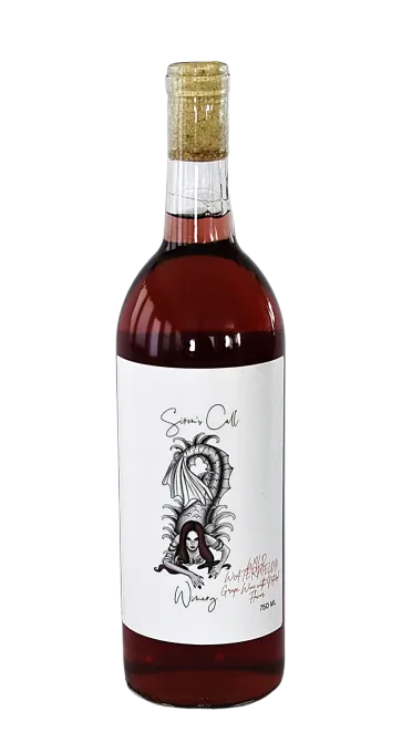 Bottle of red wine with a gold foil cap and a white label featuring an illustrated figure