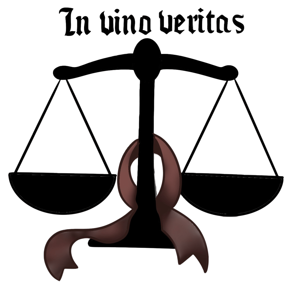 Black justice scales with a brown ribbon and the phrase “In vino veritas” above them