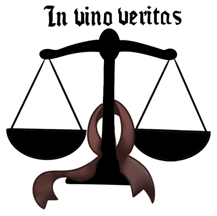 Black justice scales with a brown ribbon and the phrase “In vino veritas” above them