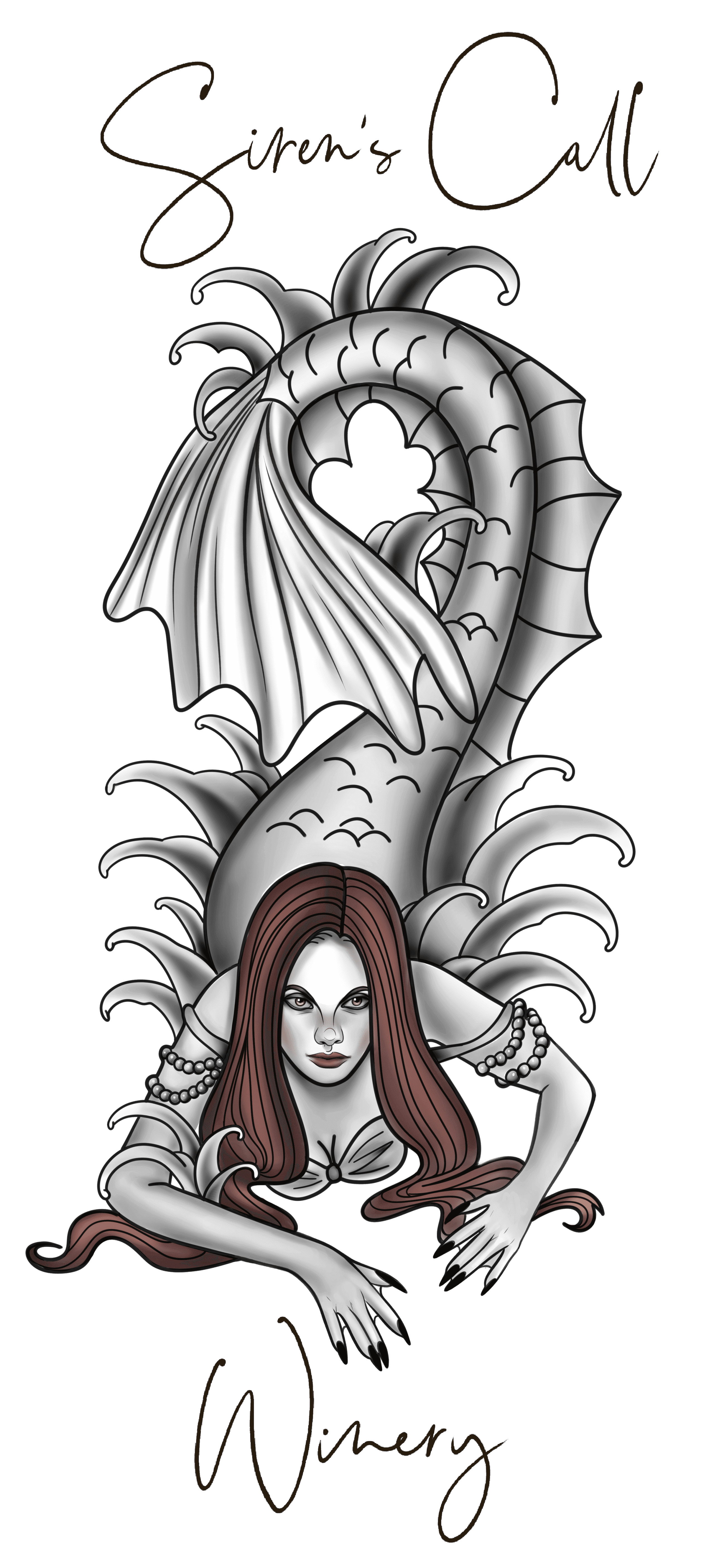Gothic red-haired woman beneath a crescent moon, with “Siren Call” and “Wicca” handwritten around her