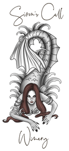 Gothic red-haired woman beneath a crescent moon, with “Siren Call” and “Wicca” handwritten around her