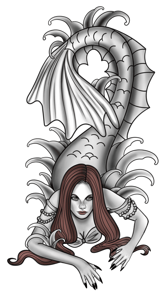 Fantasy illustration of a winged woman with red hair and white wings, crouched beneath a dragon-like form