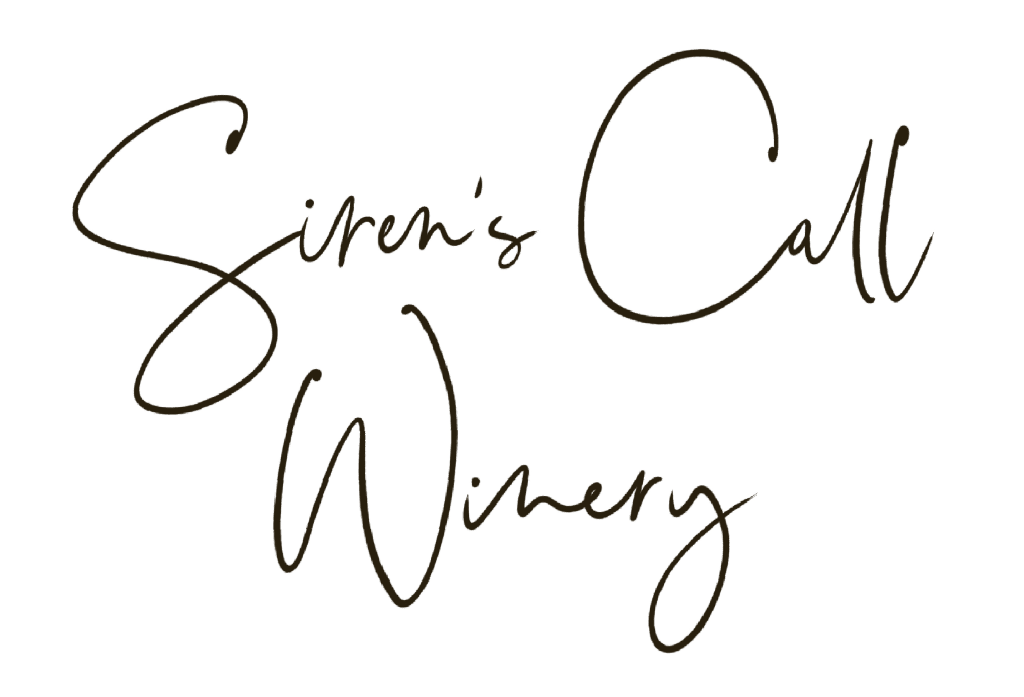 Handwritten black logo reading “Siren’s Call Winery” on a light background