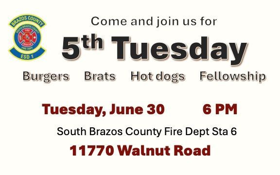Fire Dept 5th Tuesday cookout flyer: burgers, brats, hot dogs, fellowship, June 30, 6 PM, 11770 Walnut Road