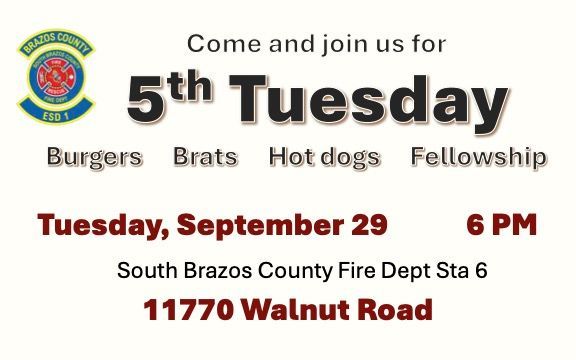 Fire Dept 5th Tuesday cookout flyer: burgers, brats, hot dogs, fellowship, June 30, 6 PM, 11770 Walnut Road