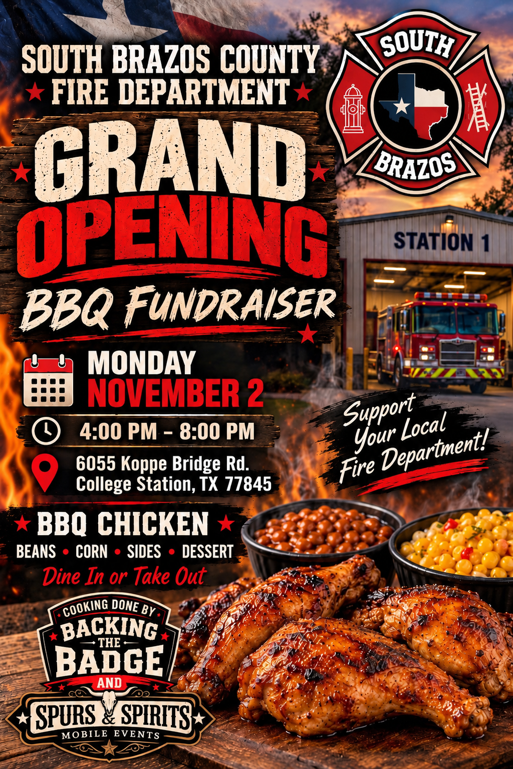 South Brazos County Fire Department grand opening BBQ fundraiser flyer with dates, time, and BBQ chicken
