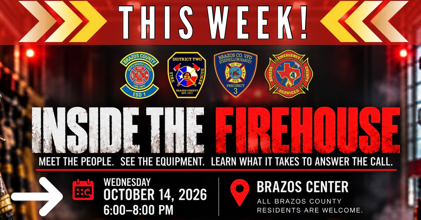 Weekly firefighter event poster for Inside the Firehouse, October 14, 2026 at Brazos Center, 6:00–8:00 PM