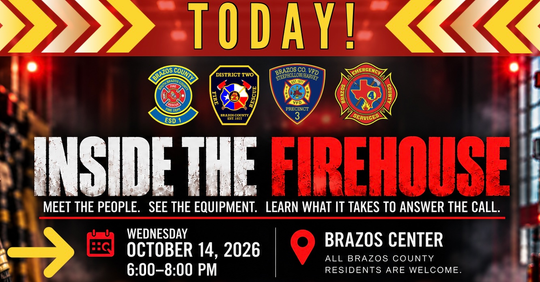 Firehouse event flyer: “Inside the Firehouse” on Wednesday, October 14, 2026, 5:00–8:00 pm at Brazos Center.