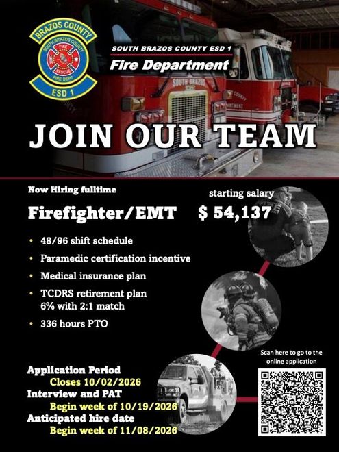 Fire department hiring flyer: Join Our Team, firefighter/EMT, salary $54,137, black and red design