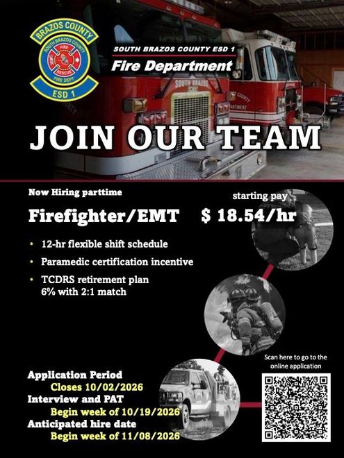 Fire Department recruitment flyer: join our team, firefighter/EMT starting at $18.54/hr.