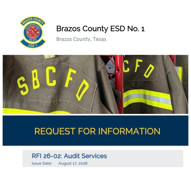 Brazos County ESD No. 1 RFI poster for audit services with SBCFD gear and “Request for Information” headline