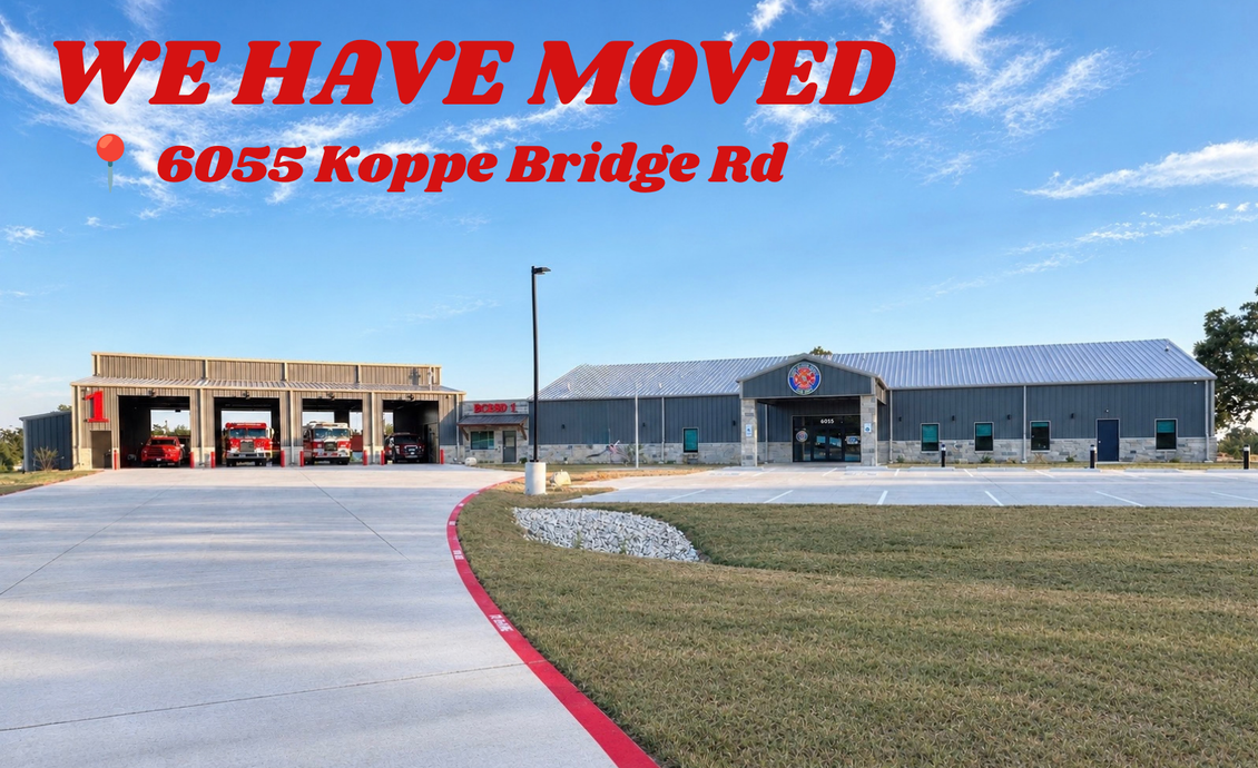 Fire Station with large ed text reading “We have moved” and “6055 Koppe Bridge Rd” at the top of the picture.