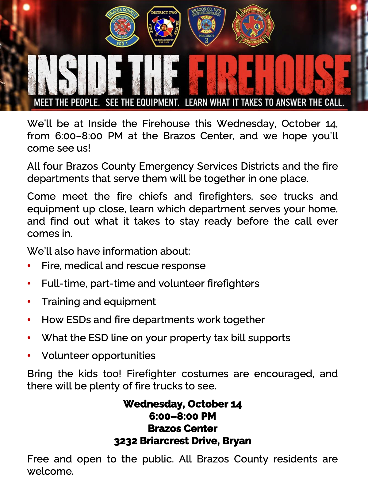 Firehouse event flyer with dates, activities, food, music, and support details for local residents
