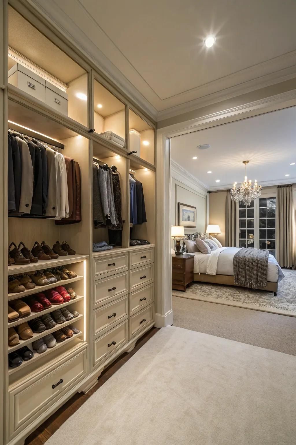 Elegant walk-in closet with built-in shelves, hanging clothes, drawers, and a view into a bedroom with a chandelier