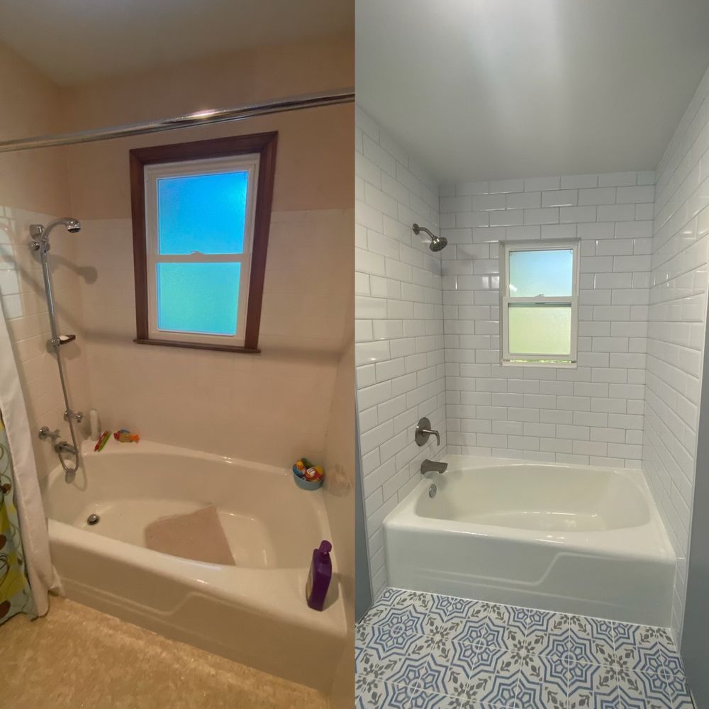 Bathroom tub before-and-after: beige shower room beside a white subway-tile tub with blue patterned front.