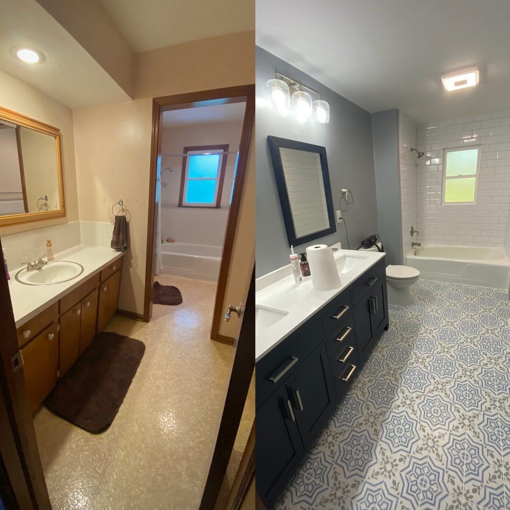 Bathroom before-and-after: tan vanity and mirror on left, updated navy vanity and patterned floor on right.