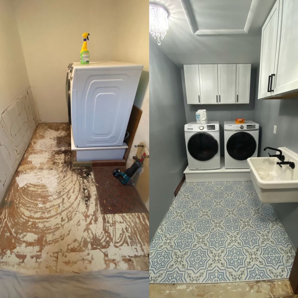 Laundry room before-and-after: worn flooring replaced with blue patterned tile beside washer and dryer.