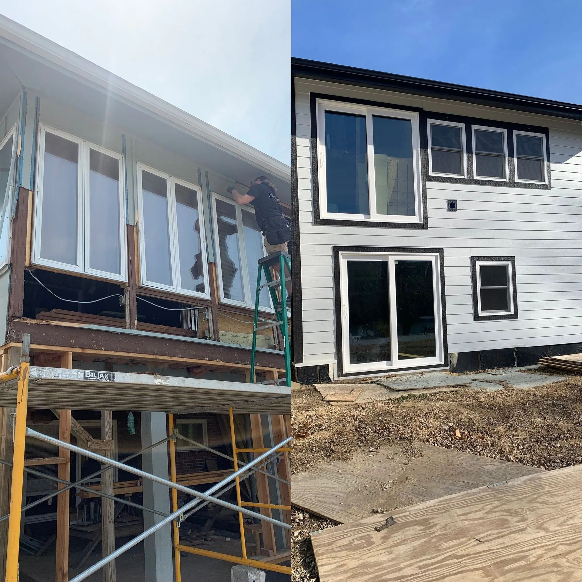 Home exterior under renovation with scaffolding and a worker installing trim on the left side.