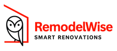 RemodelWise Smart Renovations logo with red house outline and owl icon on a white background