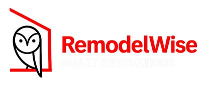 RemodelWise logo with red text and an owl icon in a red house outline