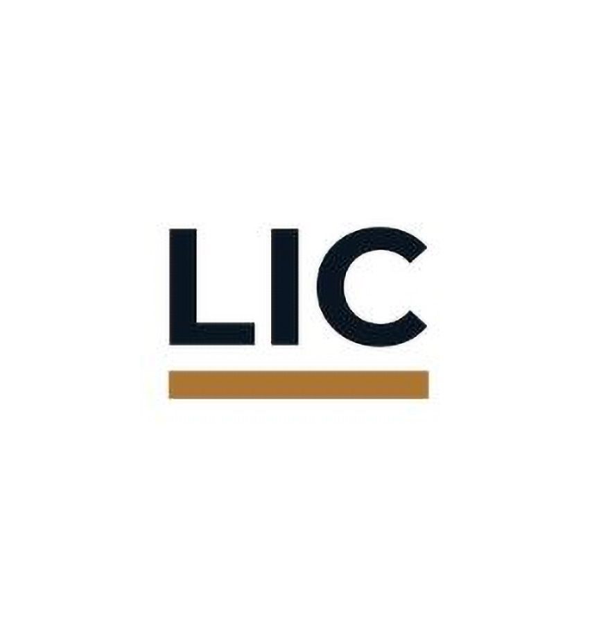 LIC-logo in donkerblauw met een gouden onderstreping op een witte achtergrond