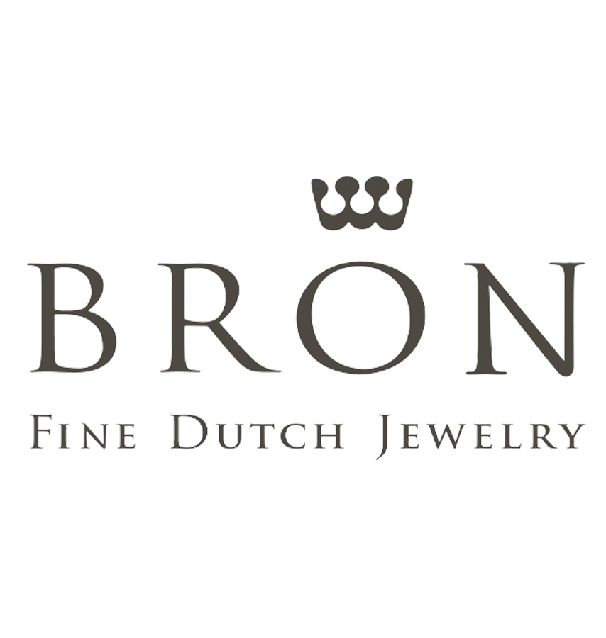 Het logo van Bron Fine Dutch Jewelry, met een gestileerde driepuntige kroon boven de merknaam in een schreeflettertype.