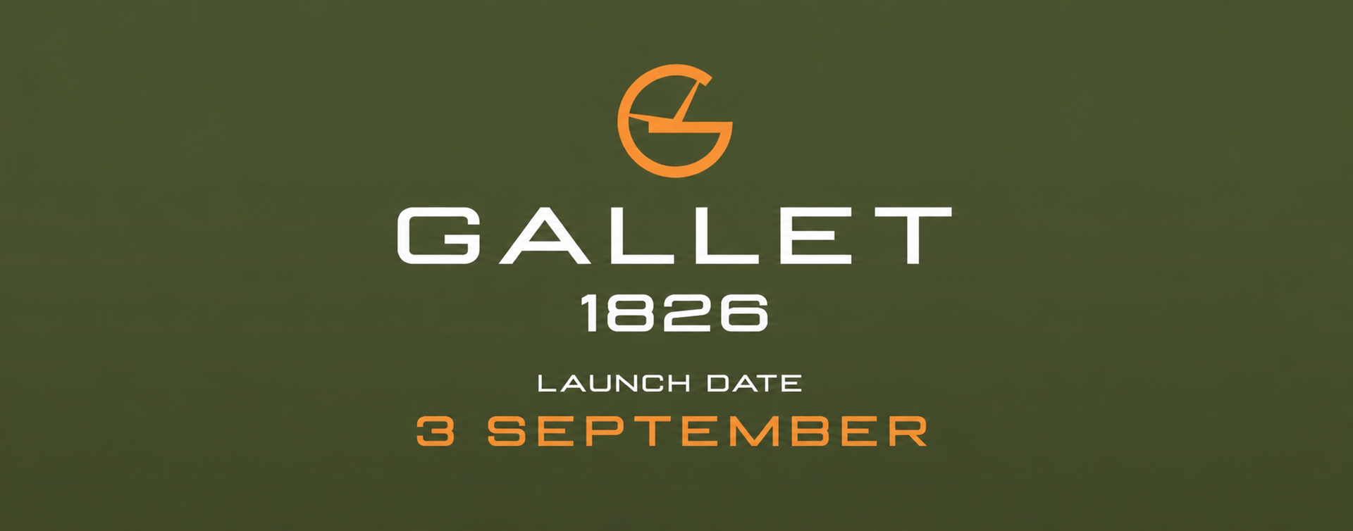 Aankondiging van de lanceringsdatum van de Gallet 1826 op een olijfgroene achtergrond, met oranje logo en tekst: 3 september.