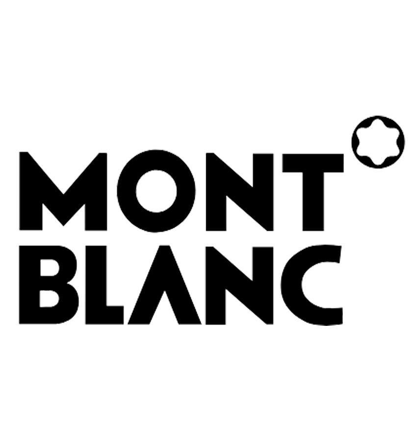 Het zwarte Montblanc-logo met het woordmerk in twee rijen boven elkaar en een gestileerd zespuntig sneeuwkapsymbool.