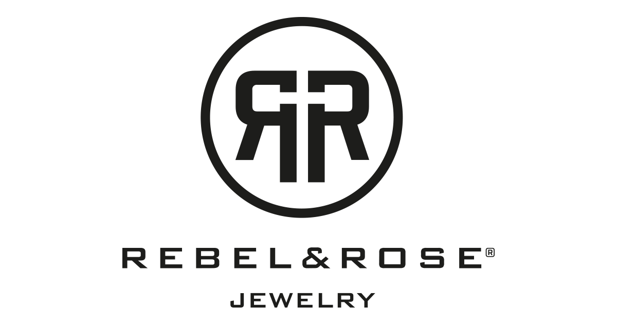 Logo van Rebel & Rose Jewelry met gestileerd RR-monogram in zwart op een witte achtergrond.