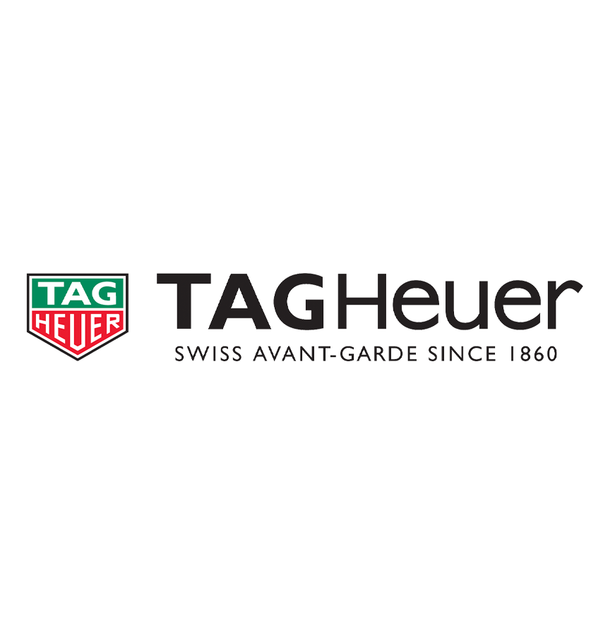Het TAG Heuer-logo met het schildembleem in groen en rood, met zwarte tekst 