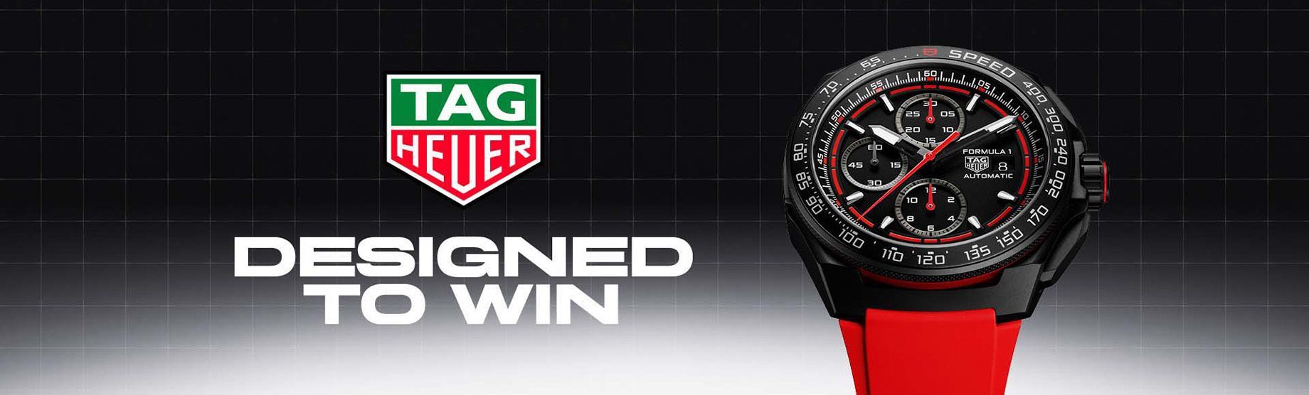 Advertentie voor een TAG Heuer-horloge met een zwart-rood horloge en de slogan 