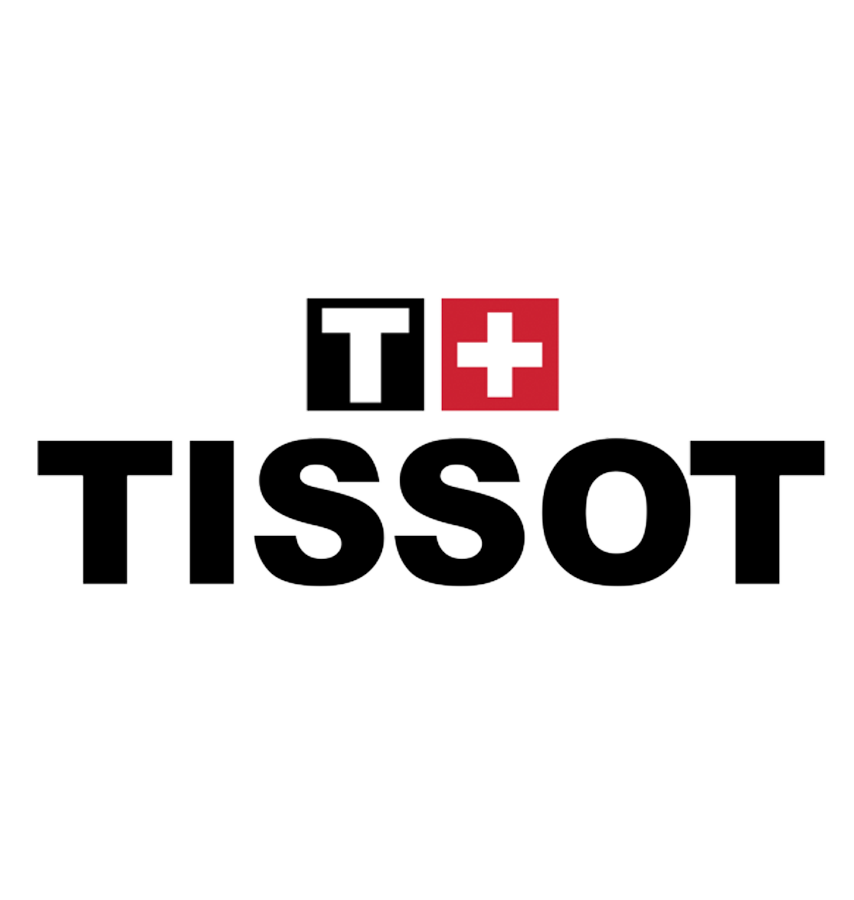 Het Tissot-logo in zwarte tekst met daarboven een rood en zwart vierkant embleem.