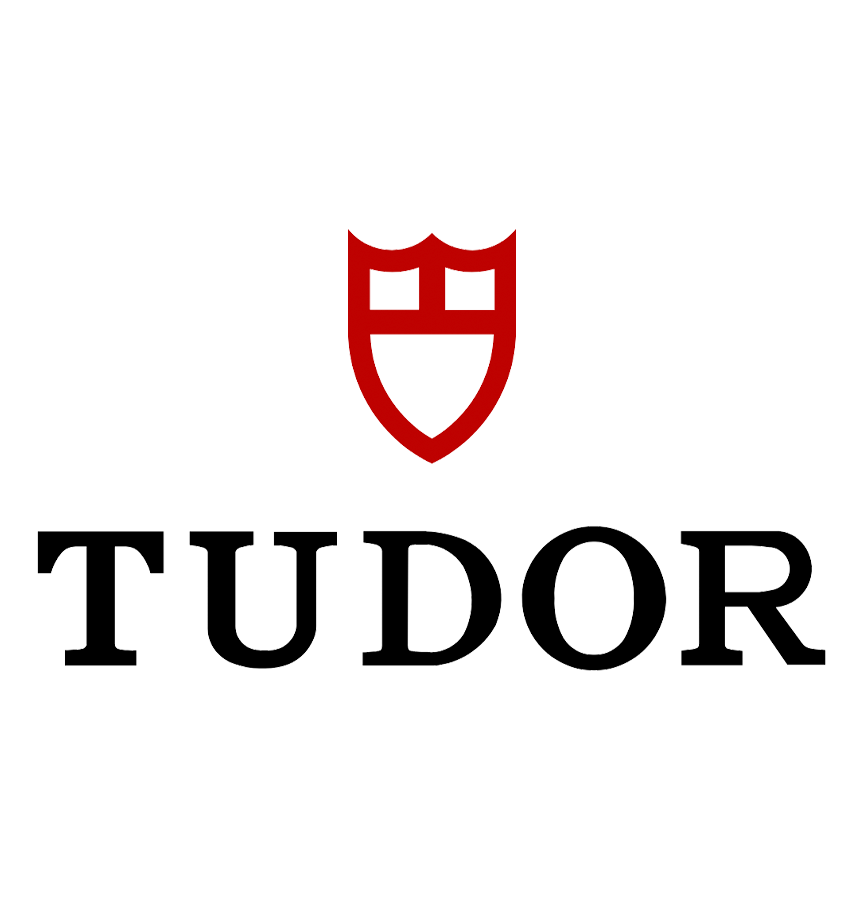 Het Tudor-logo: een rood schildembleem met een kruis, geplaatst boven de zwarte tekst 