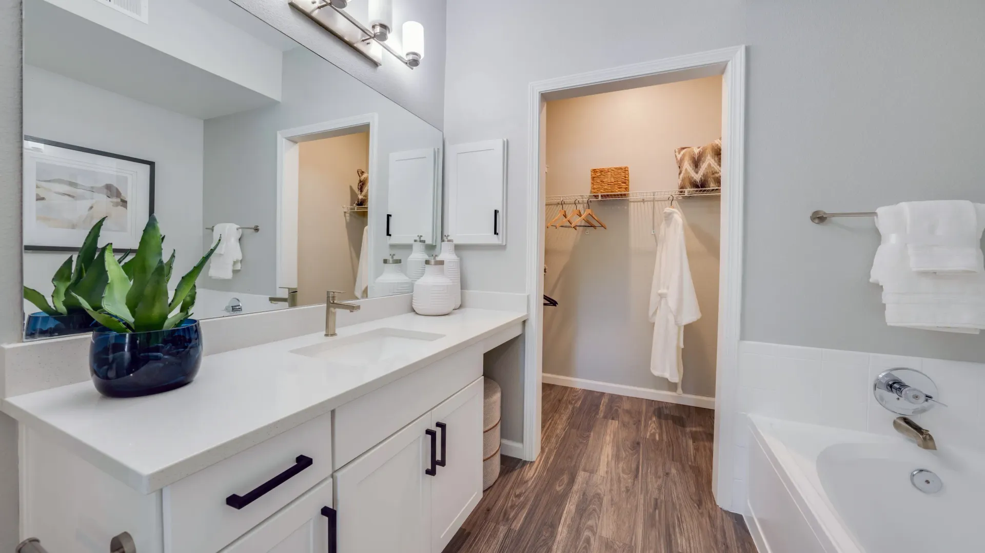 Modern bathroom with a white vanity, large mirror, walk-in closet, and bathtub.