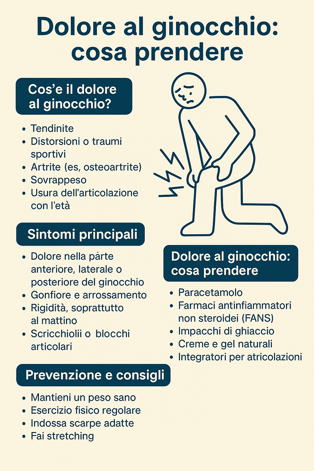 “Infografica con cause e rimedi per il dolore al ginocchio”