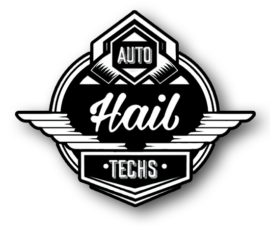 Black-and-white Auto Hail Techs logo with winged emblem and bold stylized text