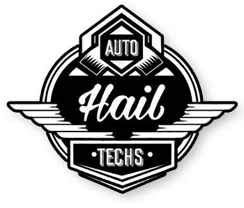Black-and-white Auto Hail Techs logo with winged emblem and bold script text