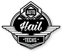 Black-and-white auto tech logo with wings and the words “Hail” and “Techs” inside a shield