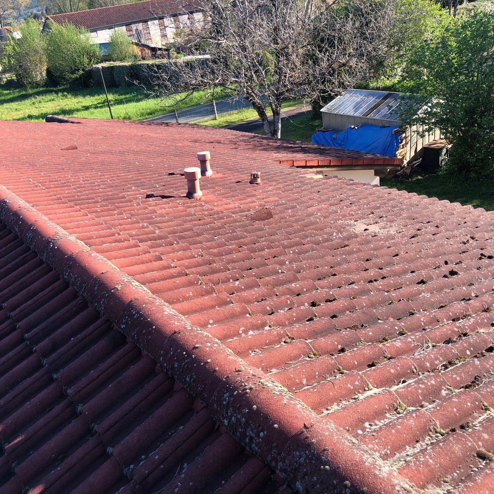 Toit en tôle ondulée rouge avec des aérations et un petit abri bleu, vus d'en haut dans un cadre rural ensoleillé