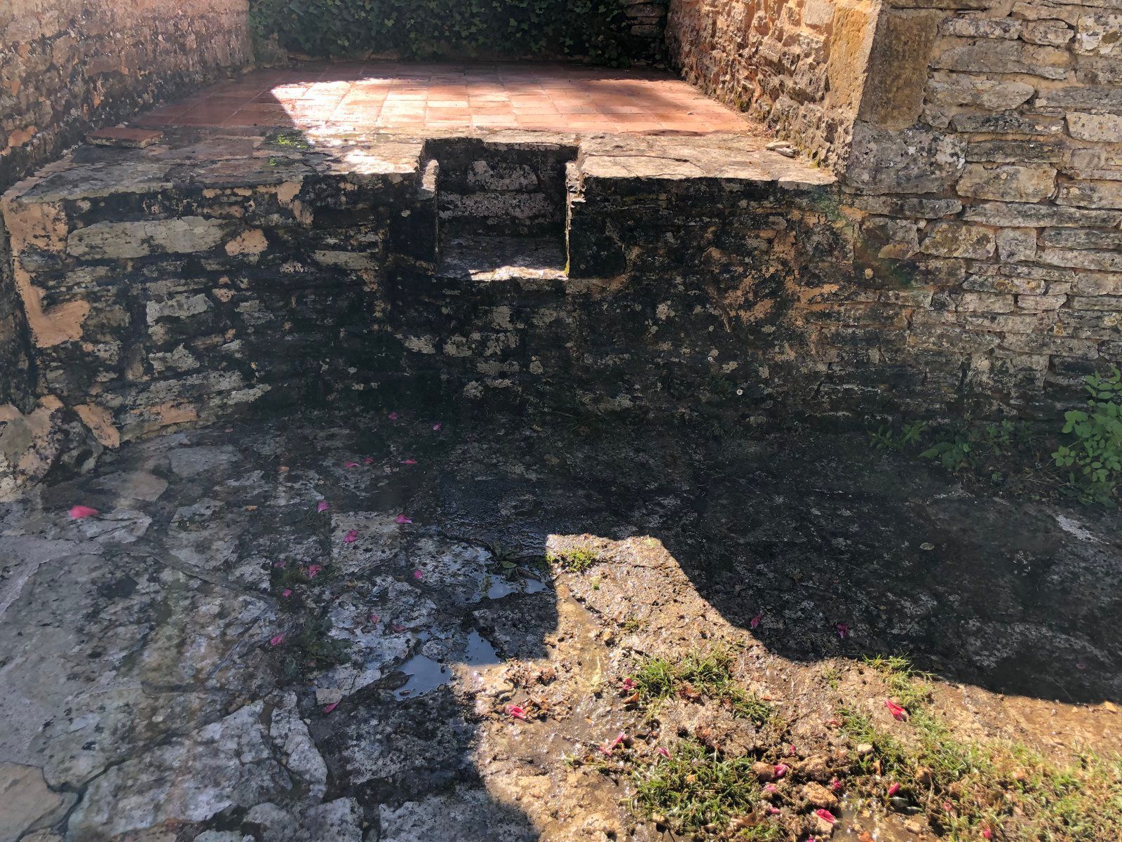 Mur de pierre et bassin peu profond bordé de rochers, avec une surface sombre et réfléchissante et une tache ensoleillée au premier plan.